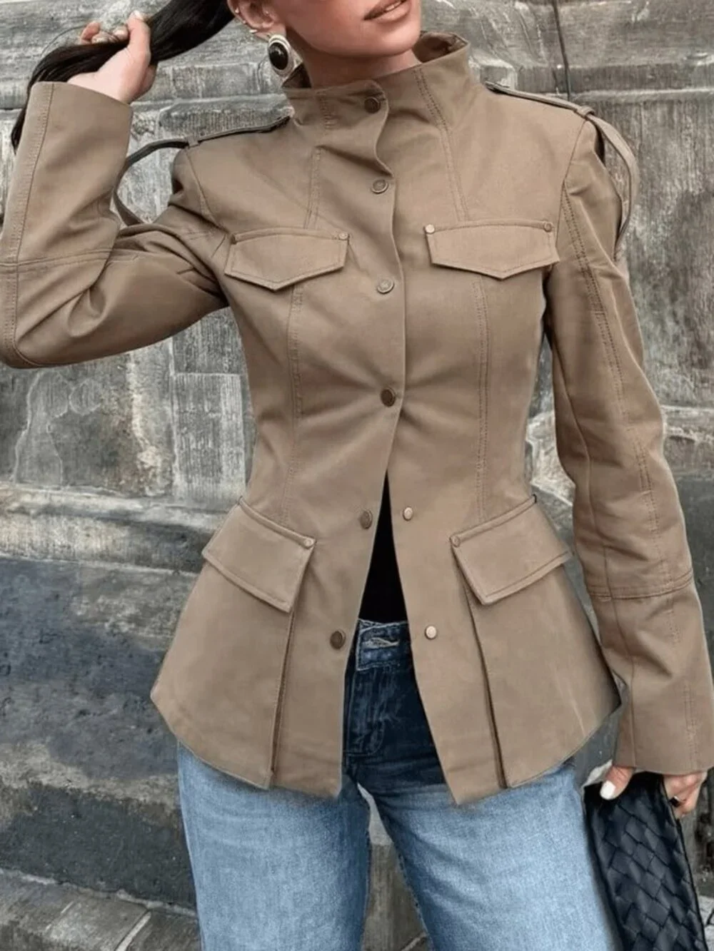 Khaki Casual Women's Epaulet Design Stand Collar Fitted Jacket